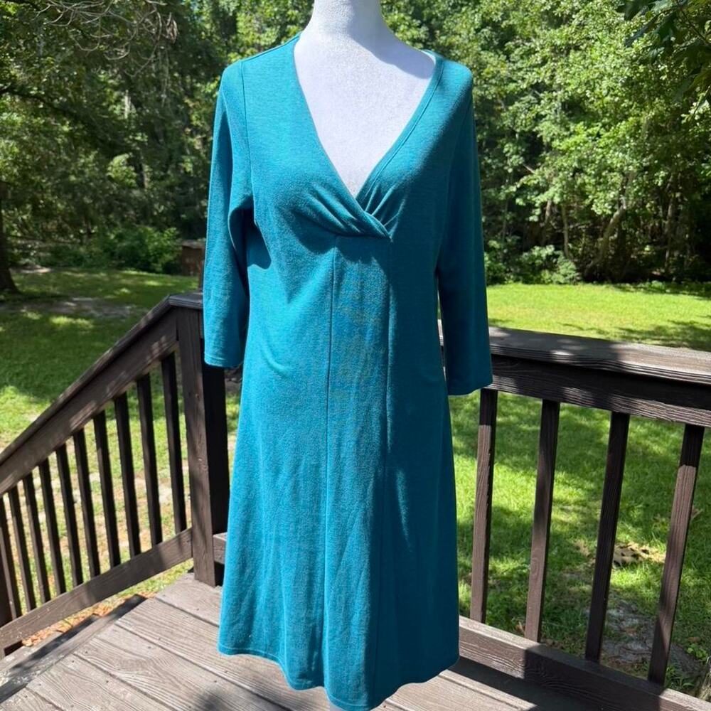Horny Toad Teal Bamboo Blend Midi Dress | Deep V Neck Boho Minimalist Toad & Co